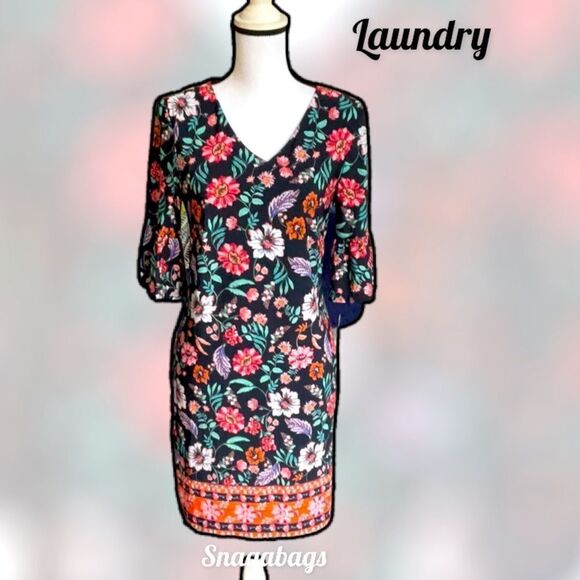 LAUNDRY NWT BLUE FLORAL SHIFT DRESS FLUTTER 3/4” SLEEVES SIZE 6 - Picture 4 of 8